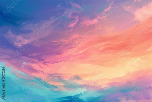 A digital illustration of a soft pastel gradient, blending warm peach, lavender, and turquoise hues into a calming composition © Preyanuch