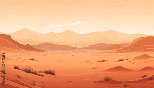 The image shows a vast desert landscape with mountains in the distance