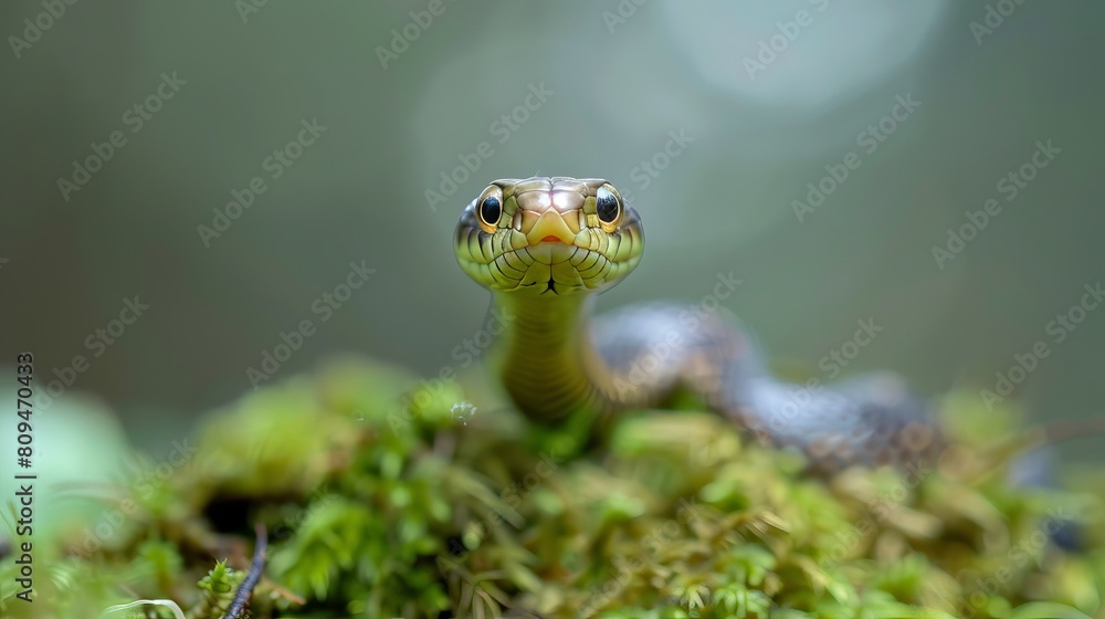 Obraz premium A baby Naja sputatrix snake is shown on moss in a position ready to attack, offering a close-up view of this Naja snake.