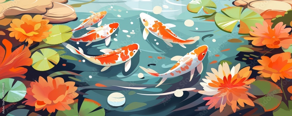 Vibrant koi fish swim gracefully in a serene pond surrounded by blooming lilies and smooth stones in a top-view illustration. Vibrant koi fish swim gracefully in a serene pond surrounded by blooming lilies and smooth stones in a top-view illustration.