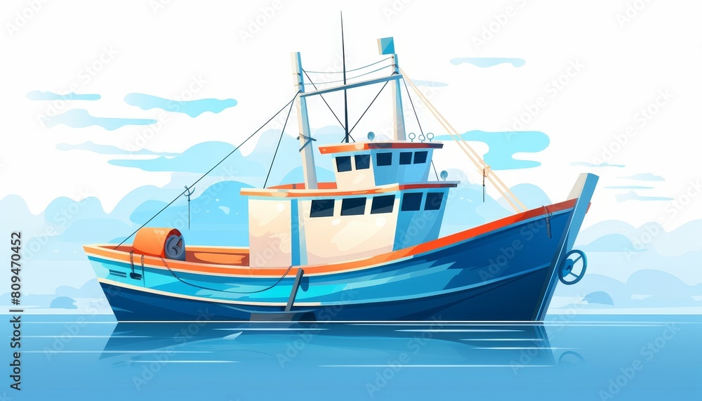 A blue and white fishing boat is on the water with a white background.