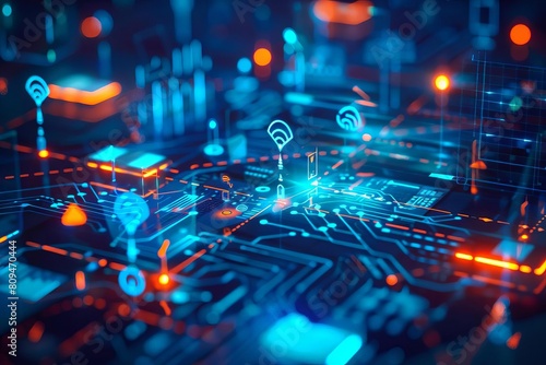 A digital network of interconnected devices illustrating the Internet of Things IoT  with data flowing smoothly between them