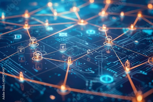 A digital network of interconnected devices illustrating the Internet of Things IoT, with data flowing smoothly between them