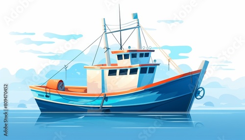 A blue and white fishing boat is on the water with a white background.