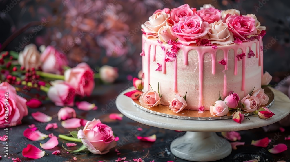 A tight shot of a cake on a plate, adorned with pink flowers at the edge and scattered pink petals alongside A tight shot of a cake on a plate, adorned with pink flowers at the edge and scattered pink petals alongside