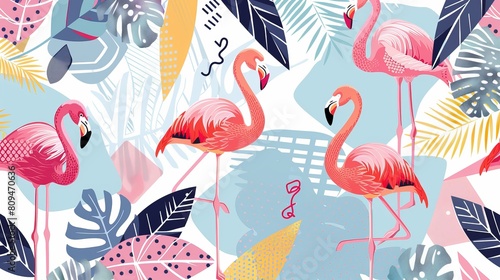 A beautiful seamless vector floral tropical pattern background adorned with pink flamingos showcases an abstract geometric texture.