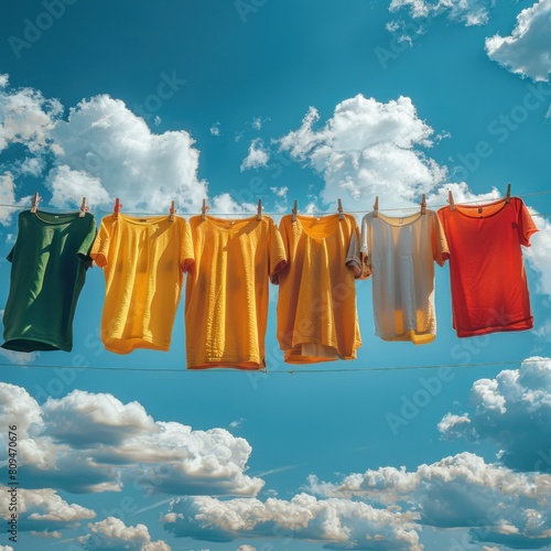 Men's clothes hanging on a clothesline against a background of white walls and blue sky, drying process after washing, clothesline for t-shirts, trousers, socks and suits