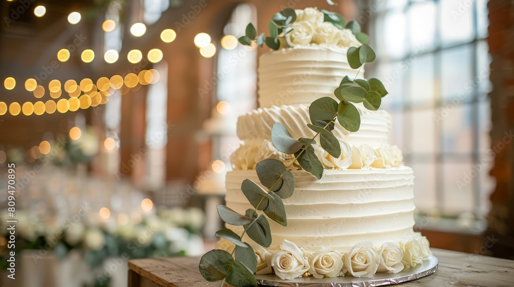 A white wedding cake adorned with flowers and greenery sits atop a weathered wooden table in a softly-lit room, hung with chandeliers A white wedding cake adorned with flowers and greenery sits atop a weathered wooden table in a softly-lit room, hung with chandeliers