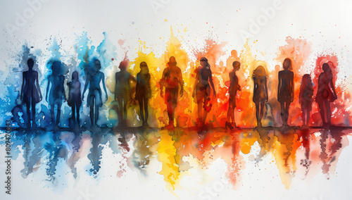  3d render of colorful clouds with group young people standing in front, white background. Created with Ai
