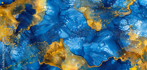 Deep sea blue and vibrant mustard alcohol ink painting with luxurious oil textures.