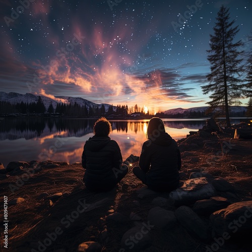 Wallpaper Mural a couple sitting by a campfire with the aurora borealis in the background. Torontodigital.ca