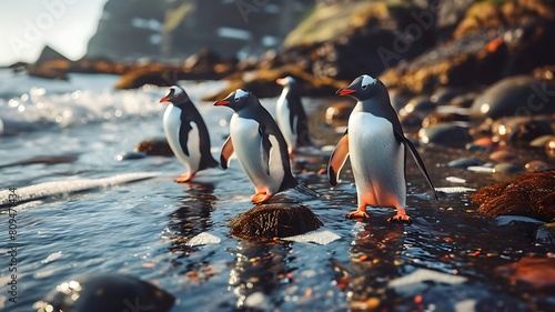 Frosty Commute: A Colony of Penguins Waddling Across Icy Terrain photo