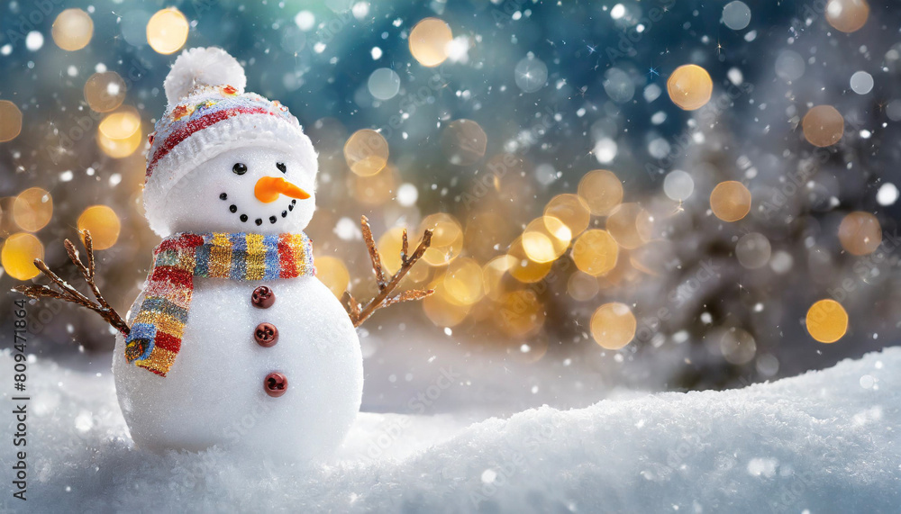 Christmas winter background with snowman in snow and blurred bokeh background. Merry Christmas Christmas winter background with snowman in snow and blurred bokeh background. Merry Christmas