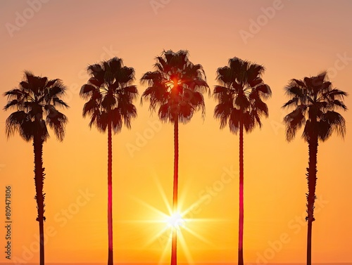 Orange gradient morning sky with tall palm tree silhouettes. Nature's masterpiece at sunrise! 