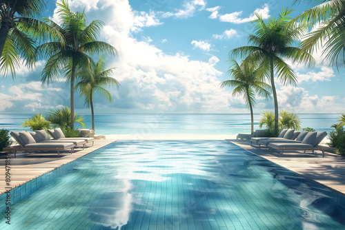 An infinity pool with modern loungers under palm trees  blending into a vast ocean under a sunny sky