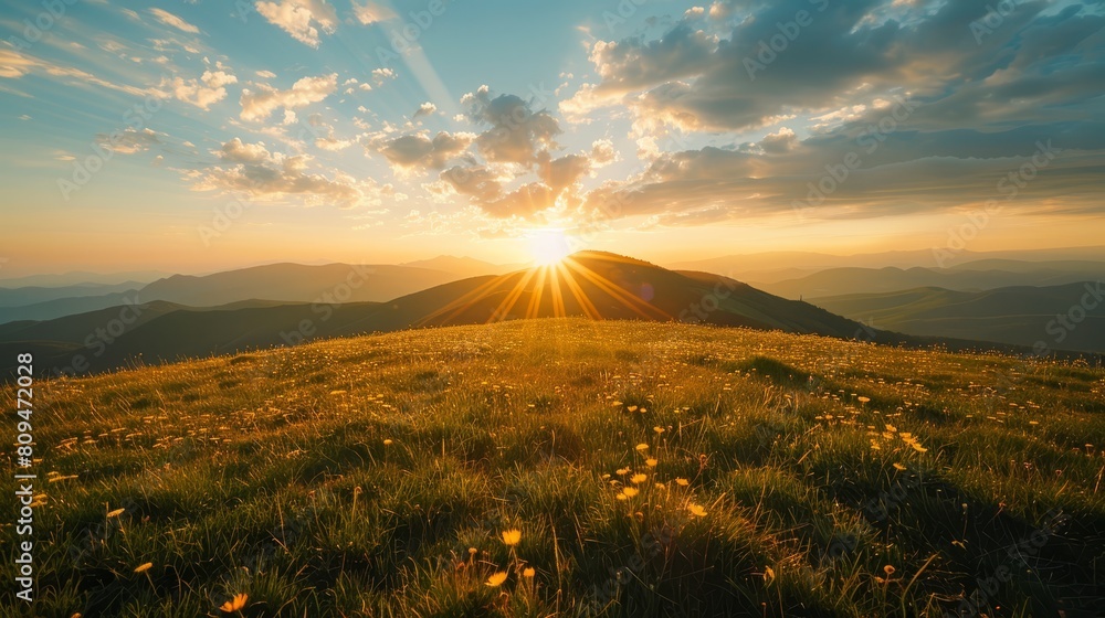   The sun sets over mountains, grass blooms in foreground; a field of yellow flowers lies nearby