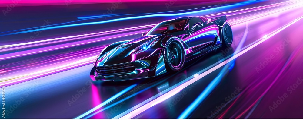 A futuristic sports car racing through a neon highway, creating streaks of light