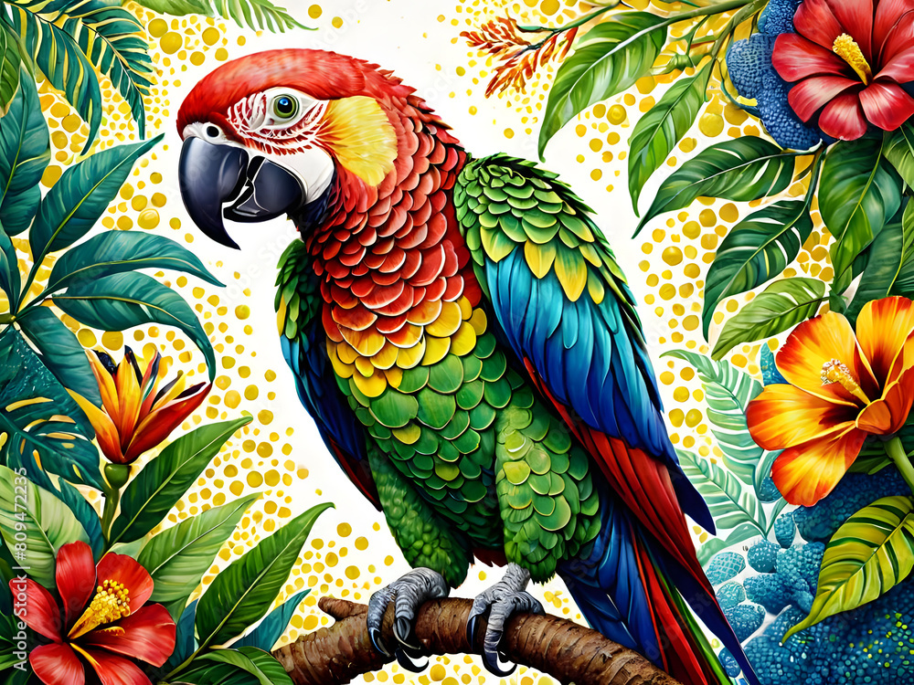 Fototapeta premium pointillism. Foliage,colorful parrot.
