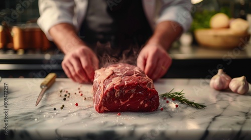 artistic scene featuring a chef preparing a beef chuck in a modern kitchen setting, with a focus on the cut laid out on a marble countertop photo