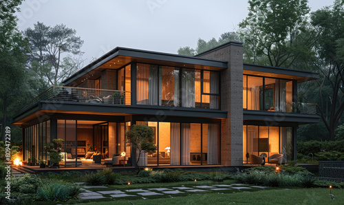 Modern house in the forest, with large windows and glass walls. The exterior is made of dark wood and stone, surrounded by lush greenery. Created with Ai © Digital Canvas
