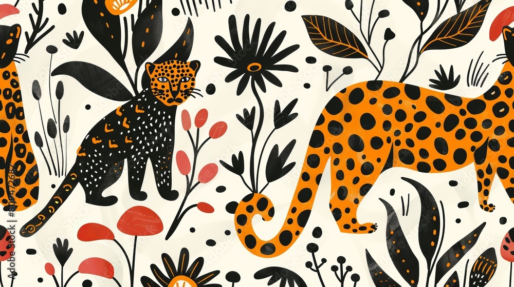 A hand-drawn abstract pattern featuring leopards and various organic shapes creates a contemporary collage print, serving as a fashionable template for design. A hand-drawn abstract pattern featuring leopards and various organic shapes creates a contemporary collage print, serving as a fashionable template for design.