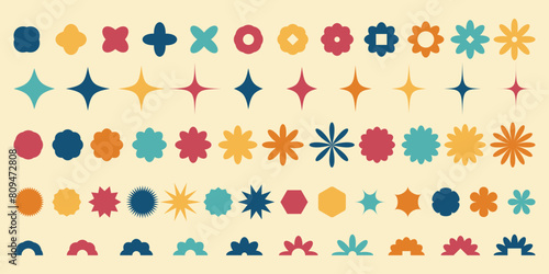 Abstract geometric y2k shapes and icons. Brutalist retro figure, flower and other primitive elements. Swiss design aesthetic. Vector art