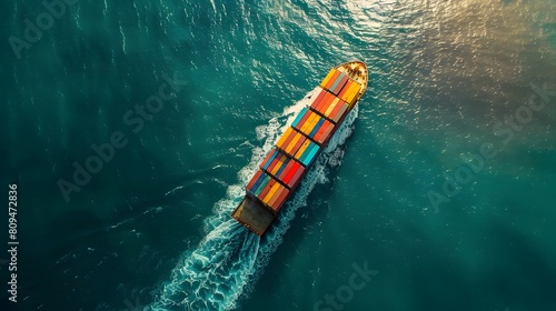 Aerial view of a cargo ship carrying containers sailing in the open sea. A barge carrying many colorful containers across the ocean surface at high speed, global business and shipping industry.
