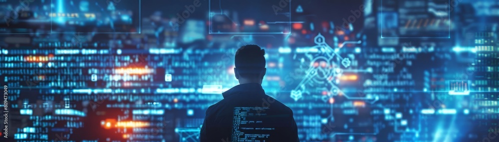 A hacker working on a new cybersecurity solution, screens glowing with code as he disrupts traditional defense A hacker working on a new cybersecurity solution, screens glowing with code as he disrupts traditional defense