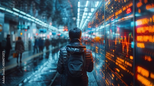 Depict a bustling future trading floor with traders monitoring quantum computers, styled like a cinematic still photo