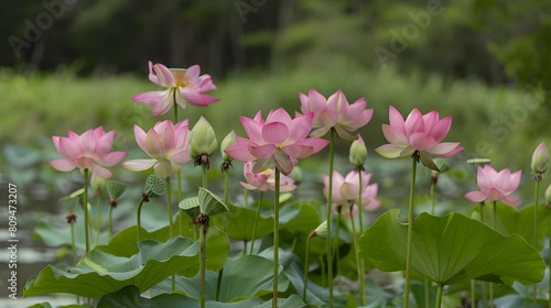 Pink Water Lilies in Full Bloom on Calm Pond