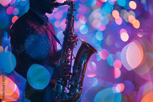 A jazz musician playing a saxophone on a dimly lit stage  with colorful stage lights forming a bokeh