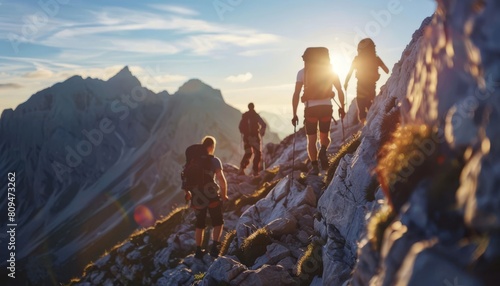 A leader climbing a mountain trail, their team following close behind, symbolizing leadership through example photo