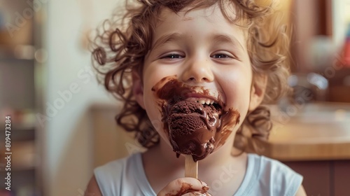 cheerful child licking chocolate ice cream in celebration of World Chocolate Day