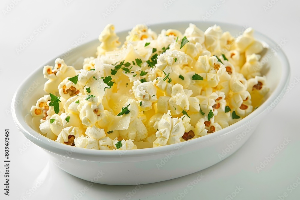 Elegant White Bowl of Buttery Parmesan Popcorn with Fresh Parsley and Olive Oil Elegant White Bowl of Buttery Parmesan Popcorn with Fresh Parsley and Olive Oil