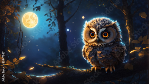 An owl with big eyes is sitting on a branch in front of a full moon