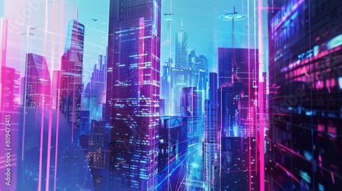 Design a concept art of a futuristic cityscape with quantum AI integration  featuring skyscrapers with quantum computing cores and flying drones