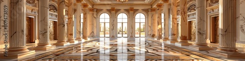 Magnificent Marble Palace Foyer with Intricate Floor Patterns and Ornate Architectural Details