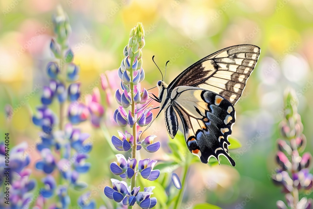 A macro shot of a butterfly perched on a lupine, set against a blurred floral background A macro shot of a butterfly perched on a lupine, set against a blurred floral background