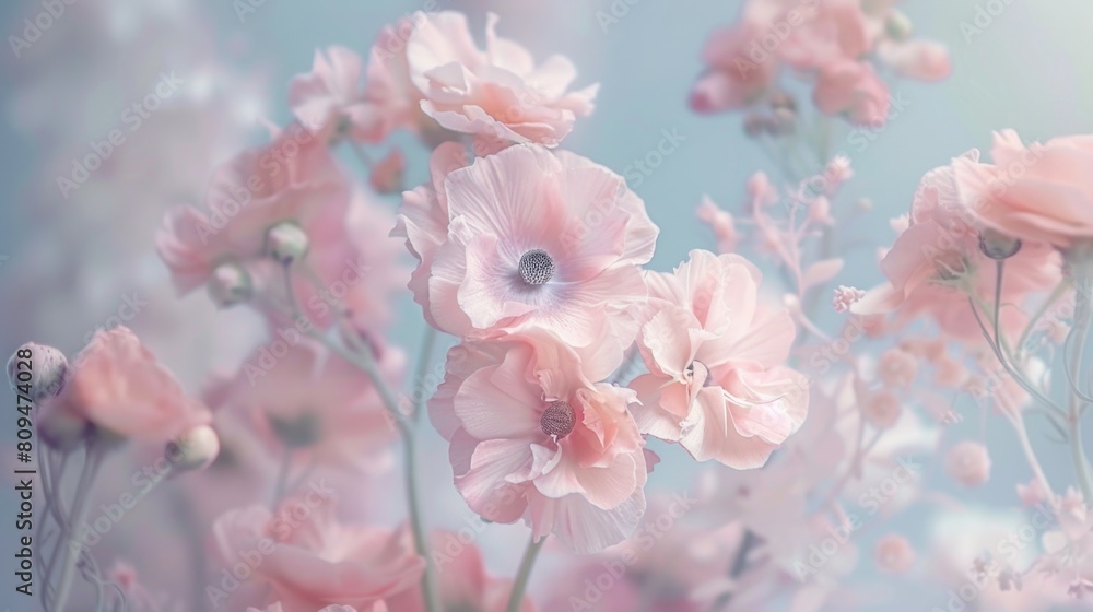 Ethereal Pink Poppies Blossoming Against Serene Blue Background