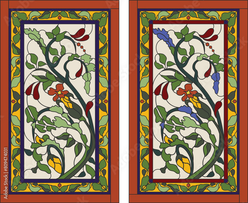 Colorful stained glass window in slavic style for ceiling or door panels. Tiffany technique. Abstract glass panels, floral pattern in a rectangular frame. Detailed vector set