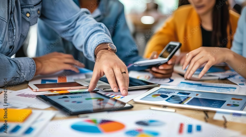 A marketing expert using multiple digital devices to correlate trends across different market segments, emphasizing the complexity of insights A marketing expert using multiple digital devices to correlate trends across different market segments, emphasizing the complexity of insights