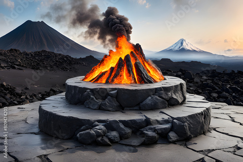 A rock podium with background erupted with fiery lava spewing into the ash-filled sky.dramatic magma display, 3d illustration photo