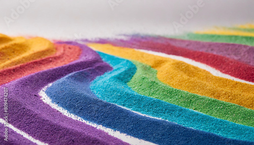 Close up of stripes of rainbow coloured sand and copy space on white background