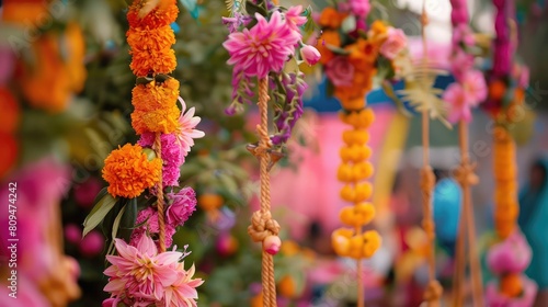 Close-up of beautifully decorated swings adorned with flowers for Teej festival photo