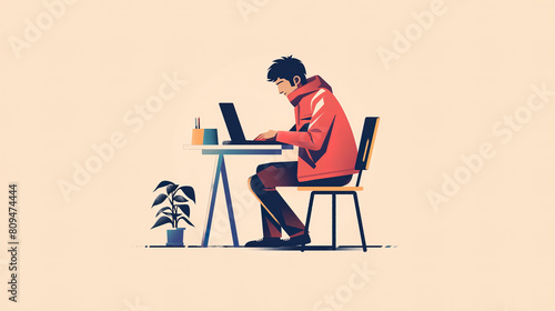young man hacker in a red jacket is sitting at a table and working on his laptop.  simple and flat illsutration with a warm color palette.  © Ron