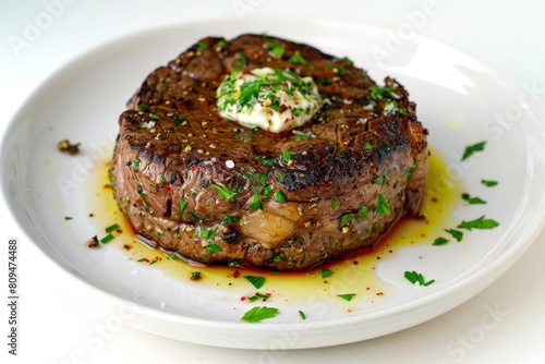 Aromatic Garlic-Herb Butter Sirloin Steak on Pristine White Plate