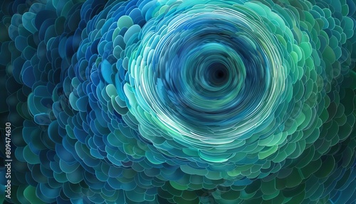 A mesmerizing abstract design with layered circles in varying shades of blue and green, forming a hypnotic whirlpool