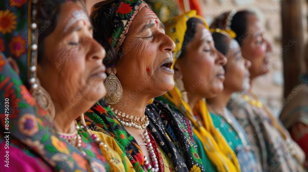 Close-up of women singing traditional Teej songs and folk melodies