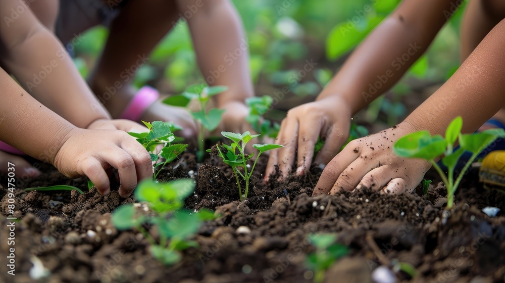 Close-up of young hands planting seeds in a garden for sustainable agriculture on International Youth Day Close-up of young hands planting seeds in a garden for sustainable agriculture on International Youth Day