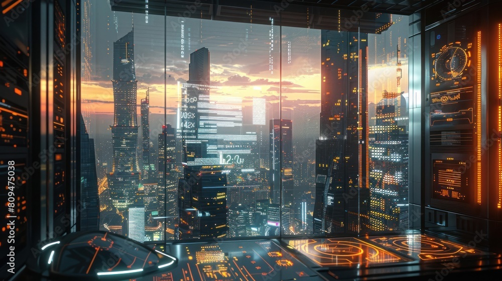 Futuristic Holographic Calculator Interface with Cityscape View Through Glass Window